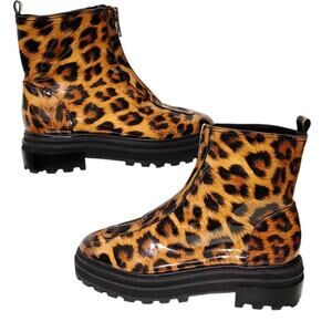 Schutz Maryele Leopard Patent Leather Lug Sole Combat Boots Brown Womens 8.5B